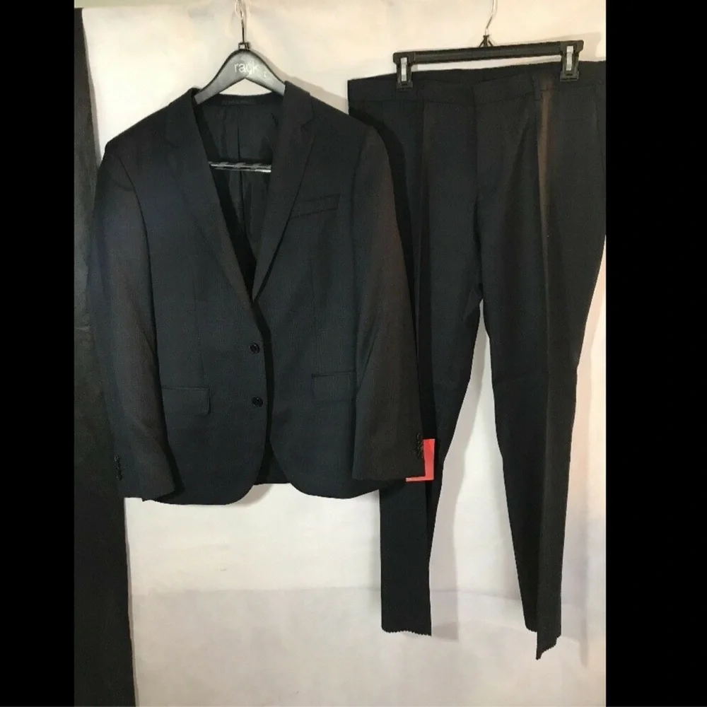 NEW‎ 2PC BOSS Hugo Boss Trim Fit Plaid Wool Suit Navy Blue [SZ 38R/40R ]